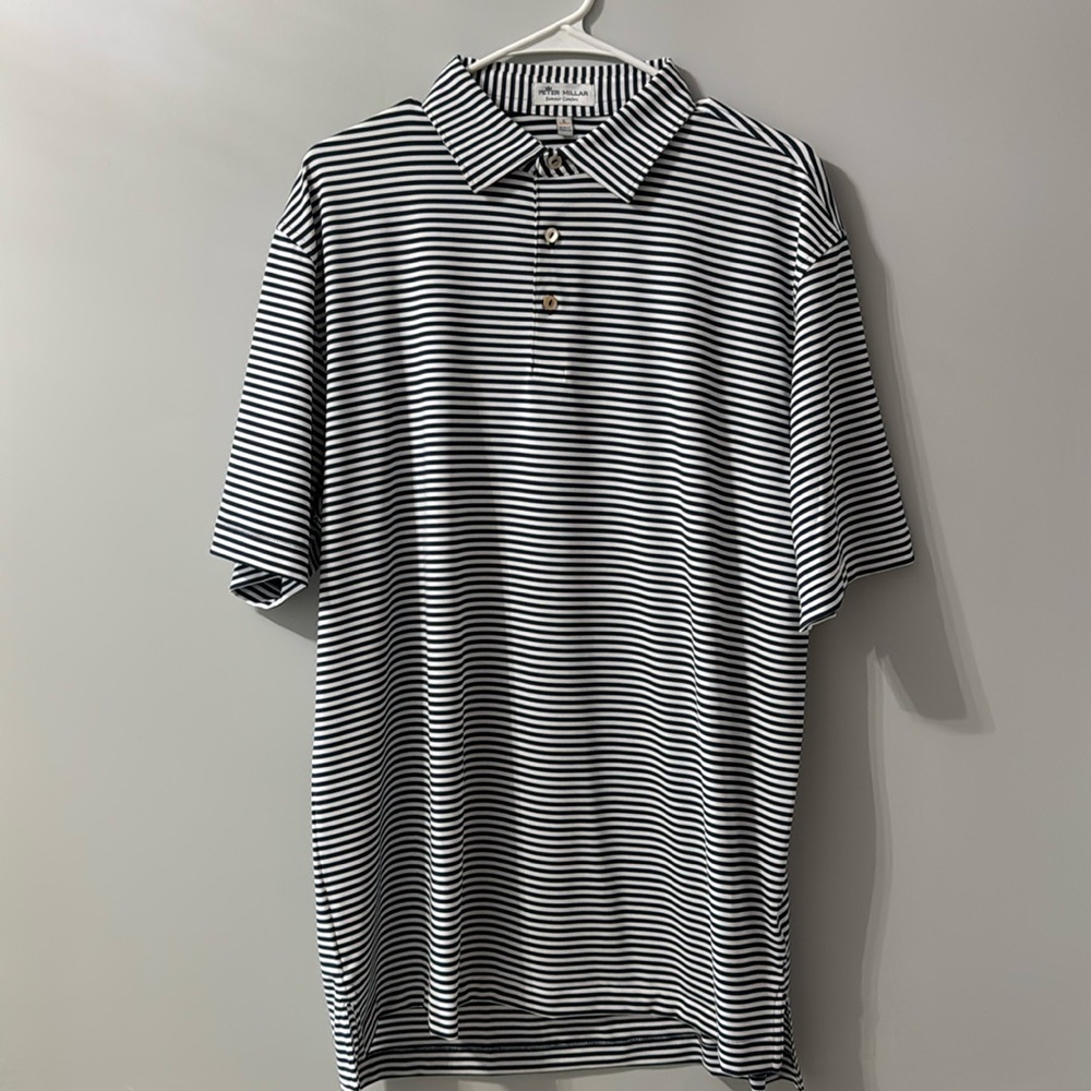 Men’s Peter Millar Large Navy & White Striped Golf Polo - Summer Comfort Fabric